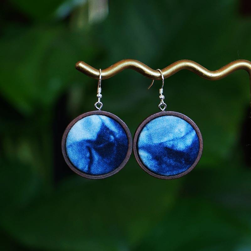 植物蓝染耳环耳饰扎染纯银民族风女式百搭复古耳钩布艺木质耳环