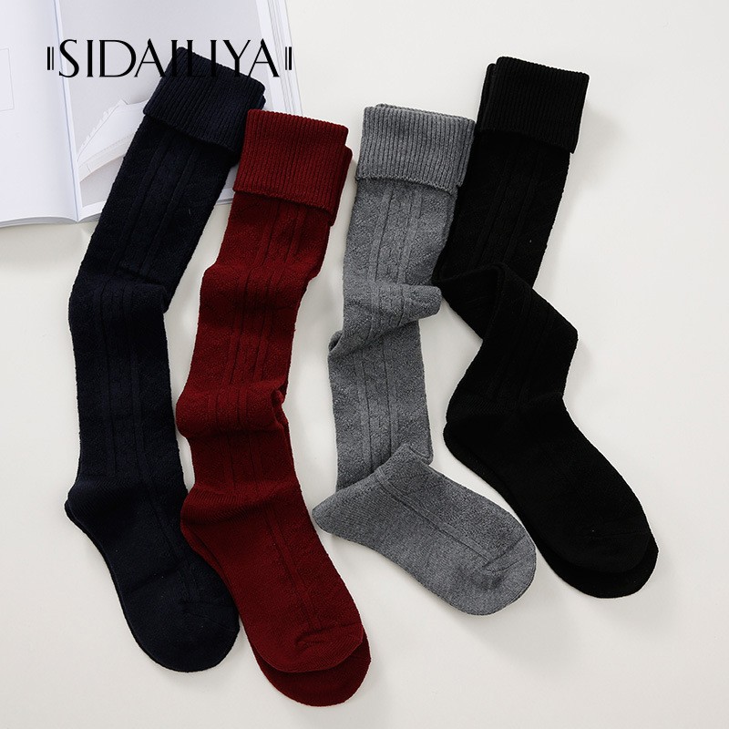 S5300含5%羊绒混纺大腿袜子菱形麻花过膝袜秋冬加厚保暖长筒袜