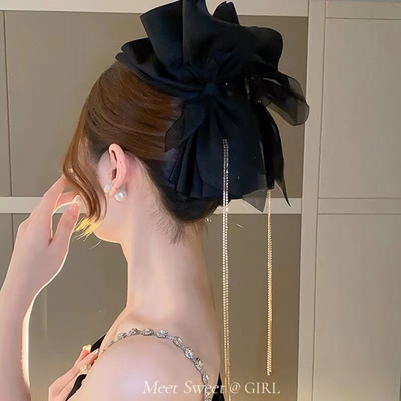 黑色网纱蝴蝶结抓夹流苏发夹女后脑勺鲨鱼夹盘发头饰不伤发小红书