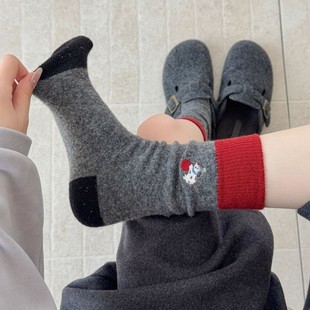 秋冬保暖羊毛女袜韩系撞色刺绣苹果狗堆堆袜鞋 简约日系中筒 勃肯鞋