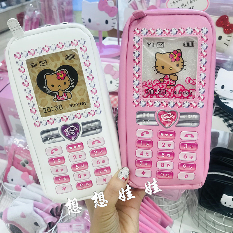 现货日本三丽鸥hello kitty黑皮豹纹手机造型学生文具笔袋收纳袋