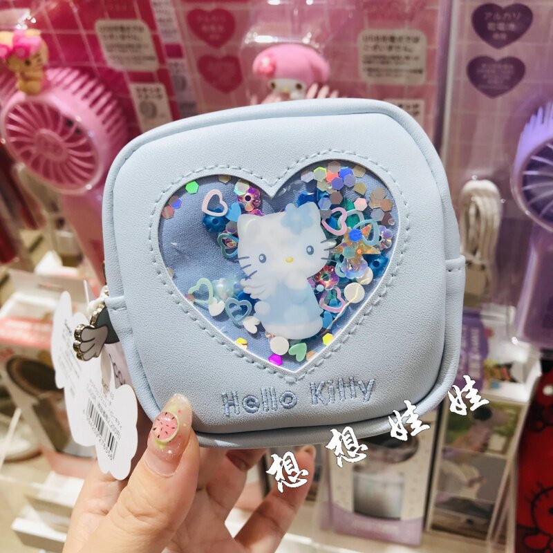 日本三丽鸥kitty蓝色天使亮闪爱心扣翻包旅行便携耳小包小收纳袋