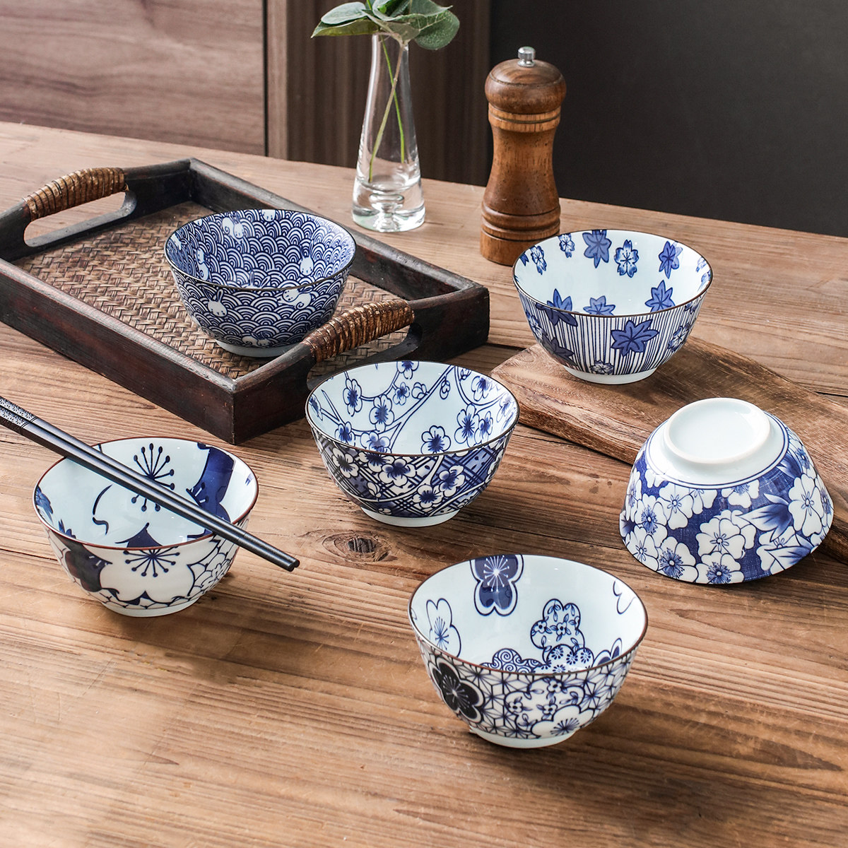 家用4.5英寸米饭碗面碗高颜值日式复古青花陶瓷餐具创意网红套装