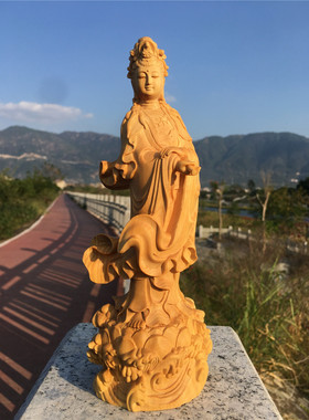 小叶黄杨木雕滴水净瓶观音菩萨佛像实木雕刻古典家居装饰摆件
