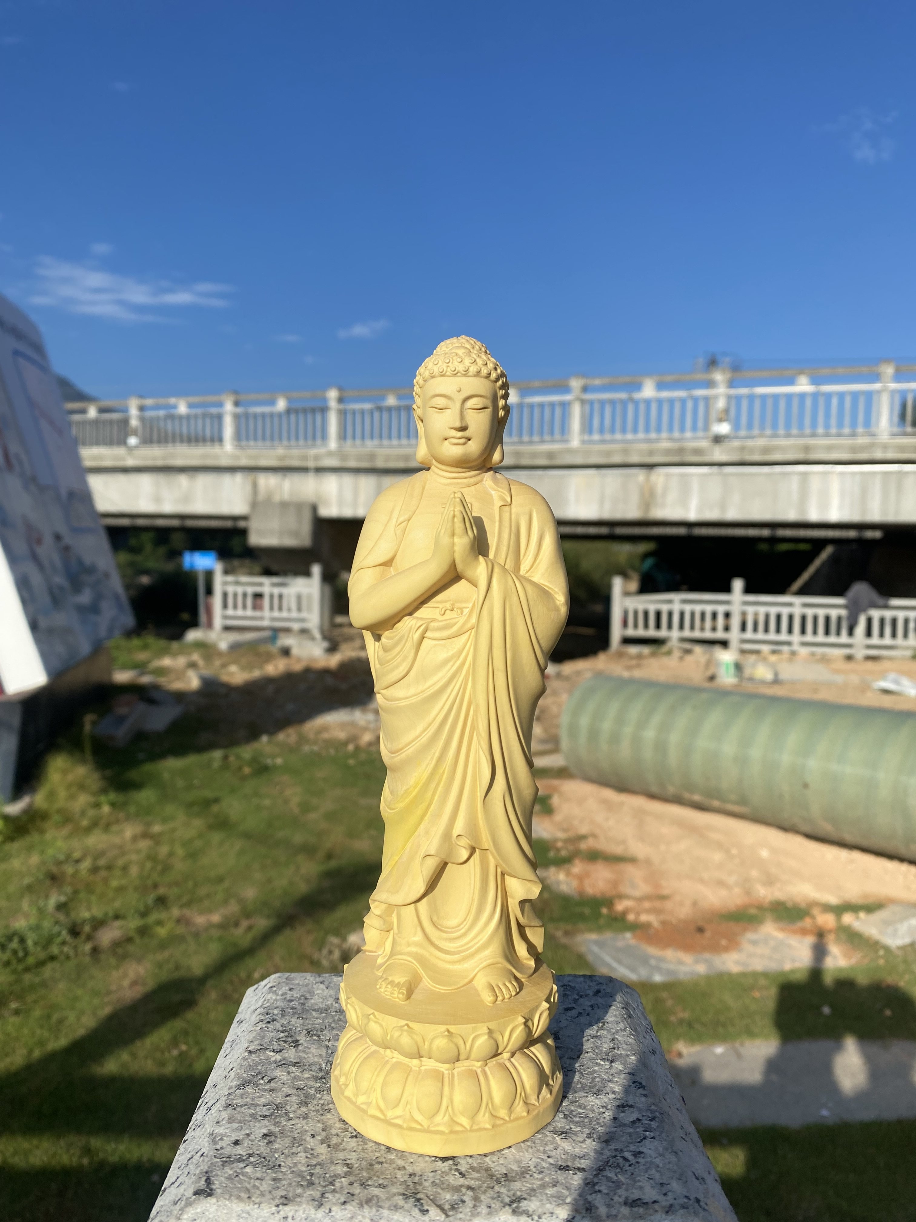 黄杨木雕双手合十大日如来摆件实木雕刻释迦摩尼佛家居客厅装饰品