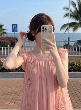度假宽松休闲刺绣圆领长裙