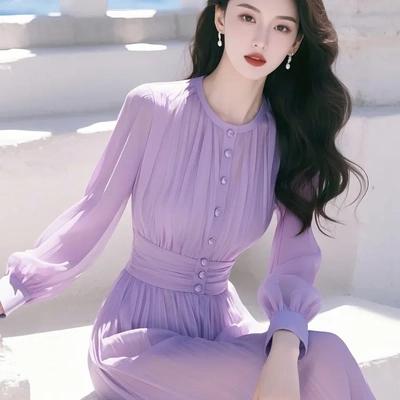 2025春季新款女装法式气质收腰绝美高级感海边度假紫色雪纺连衣裙