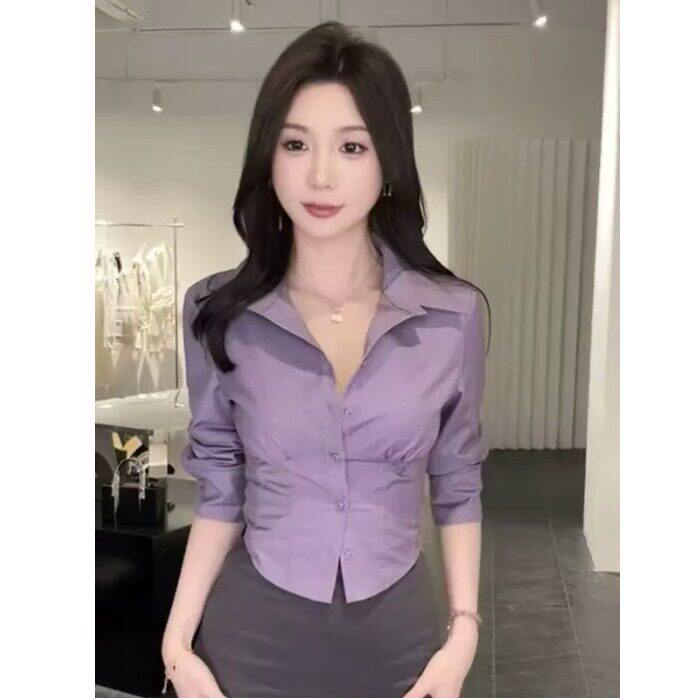 新款纯欲收腰紫色衫女七分袖修身春法式掐腰短版衬衫OL制服上班服
