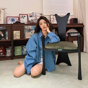 新款蔡文静同款秋季新款蓝色条纹休闲长袖衬衫女宽松显瘦廓形中长