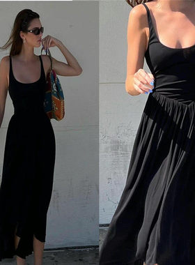 kendall同款黑色吊带连衣裙女夏无袖背心长裙法式高腰小黑时尚女