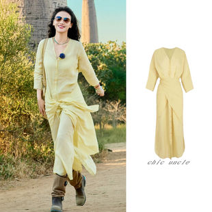 马思纯花少同款黄色长袖连衣裙女2025秋季新款设计感收腰气时尚潮