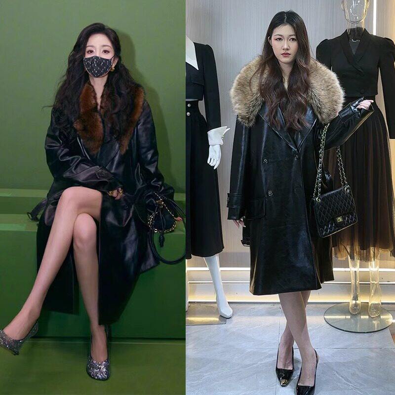 时尚黑色PU皮衣大衣西装外套女高级感宽松系带气质中长版皮衣