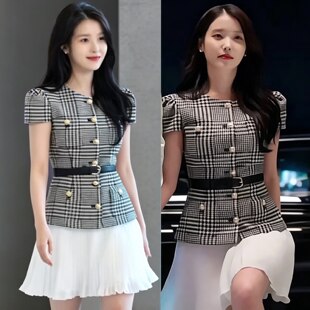 流行21世纪大君夫人IU李知恩成熙周同款假两件拼接千金风格纹连衣