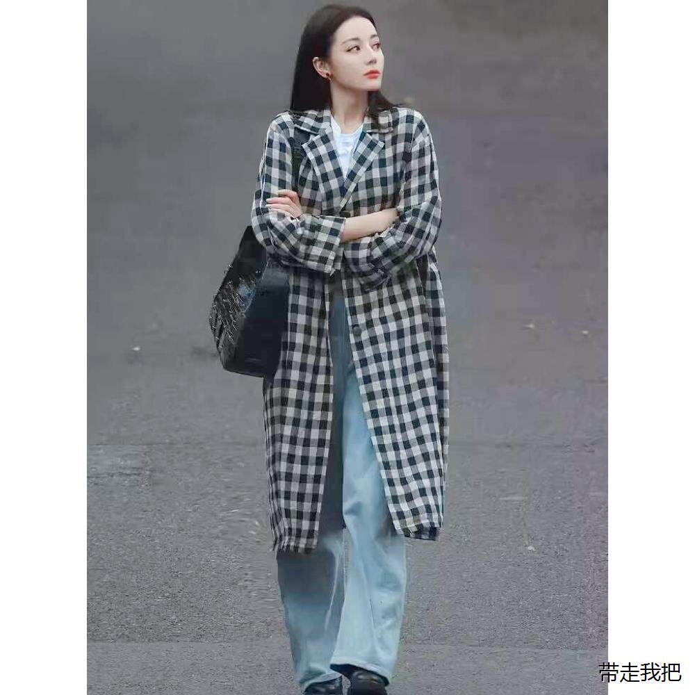 迪丽热巴同款黑白格子西装领长袖中长款衬衫衬衣开衫薄款防晒外套