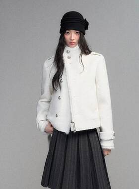 白色立领短款毛呢外套女