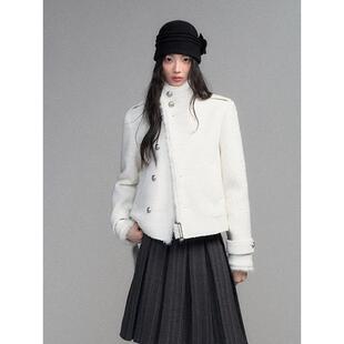 白色立领短款毛呢外套女小个子2026冬季新款呢子夹克加厚秋冬2026