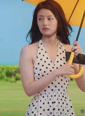 25法式夏徐若晗何冉同款v领白色波点挂脖露背吊带连衣裙潮