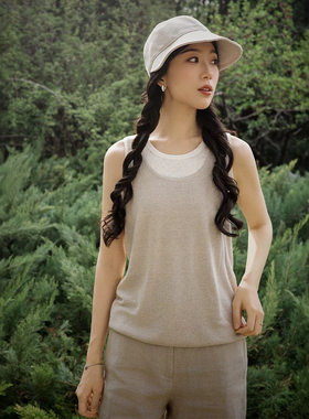 26夏季新款两件套外穿麻丝混纺套头针织背心女设计感叠穿显瘦上衣