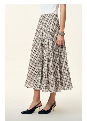 F家原单品质复古格纹格子不规则下摆垂坠半身裙浪漫飘逸长裙25夏