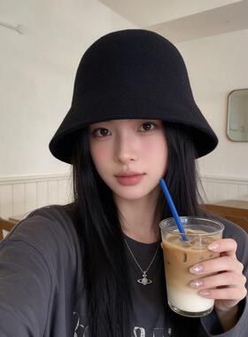 2026新款黑色渔夫帽女秋冬针织毛线显脸小韩版百搭遮脸盆帽水桶帽