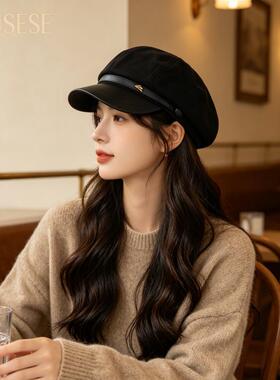 韩系小金标八角帽子女秋冬毛呢拼皮檐报童帽网红复古显脸小画家帽