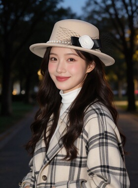 保暖防风毛呢帽女2026新款大头围复古户外逛街通勤日常平顶礼帽子