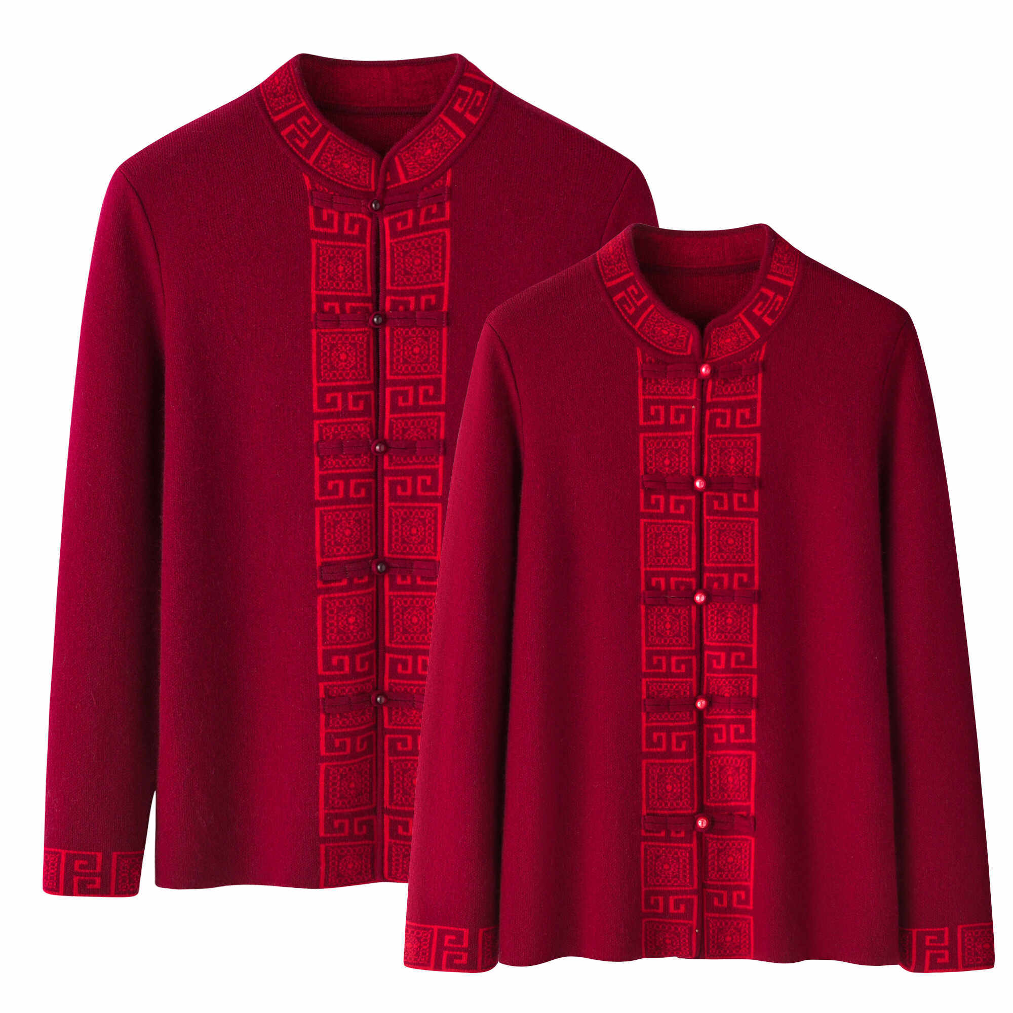 中老年羊绒衫男女开衫中式盘扣羊毛衫大码毛衣情侣加厚红色外套