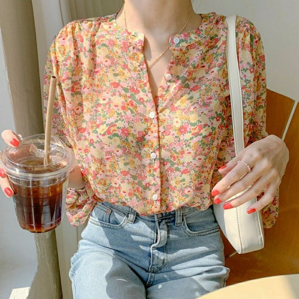 Floral Chiffon shirt women's super fairy new design long sleeve printed foreign style top