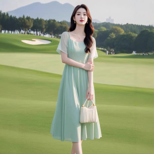 超好看漂亮法式 长裙 气质绝美遮肚子显瘦仙女蓝色雪纺连衣裙子夏季