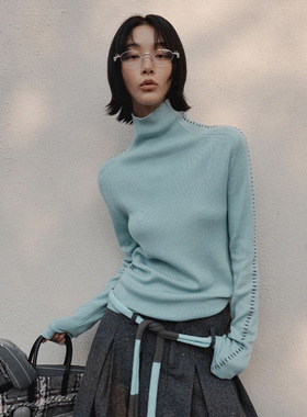 UNITY MODE设计感手工缝线高领羊毛毛衣女冬季撞色打底内搭针织衫