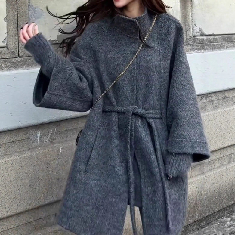 赫本风兔毛袖双面羊毛大衣女韩系毛呢外套