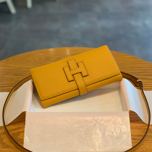 H家女包小包单肩斜挎钱包长款两用真皮H扣字母时尚黄色招财康康包