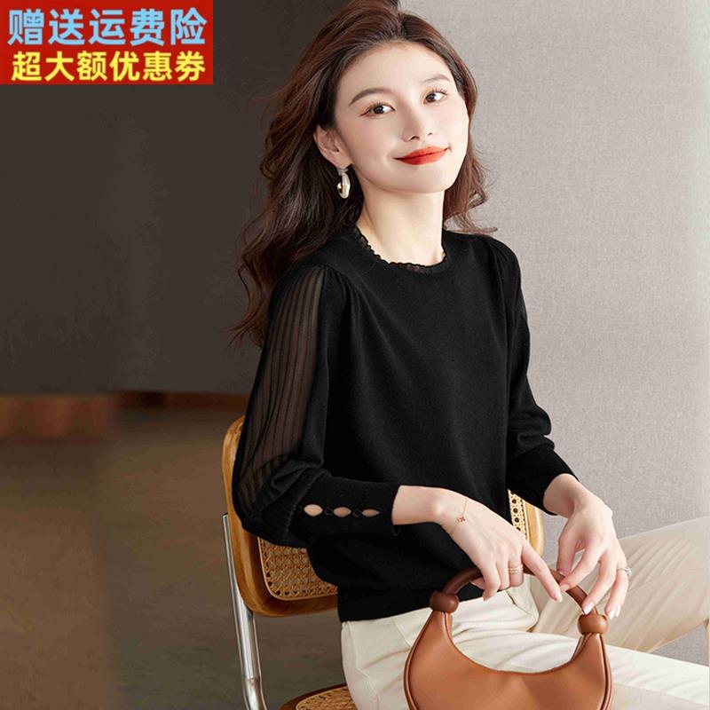 春秋新款气质长袖蕾丝拼接针织衫女短款毛衣女打底衫薄款内搭上衣
