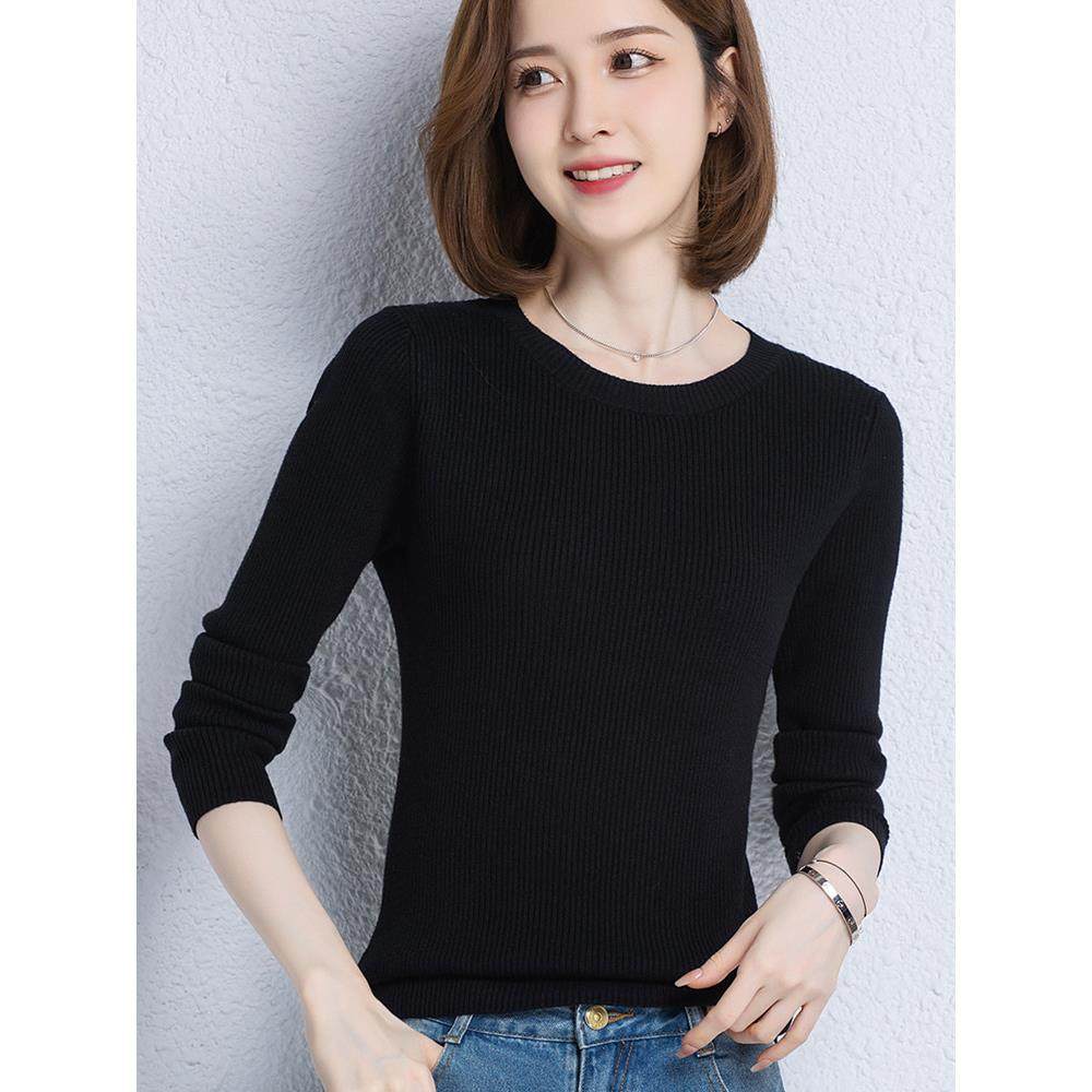2023春秋冬新款低圆领针织毛衣修身内搭纯色黑色百搭羊毛打底衫女