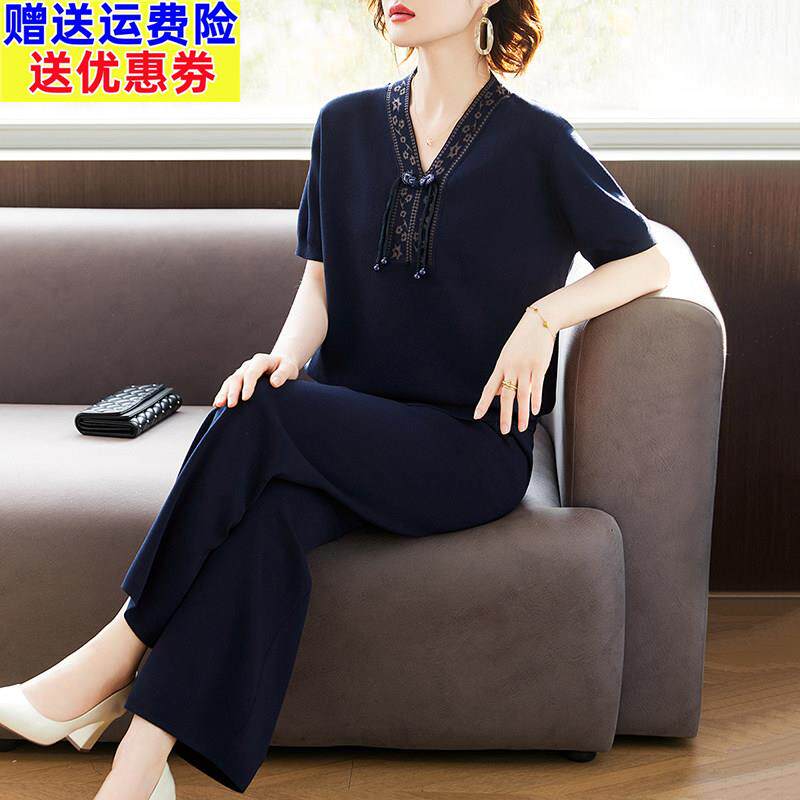 母亲节妈妈夏装冰丝短袖套装中老年女装夏季针织T恤上衣服两件套