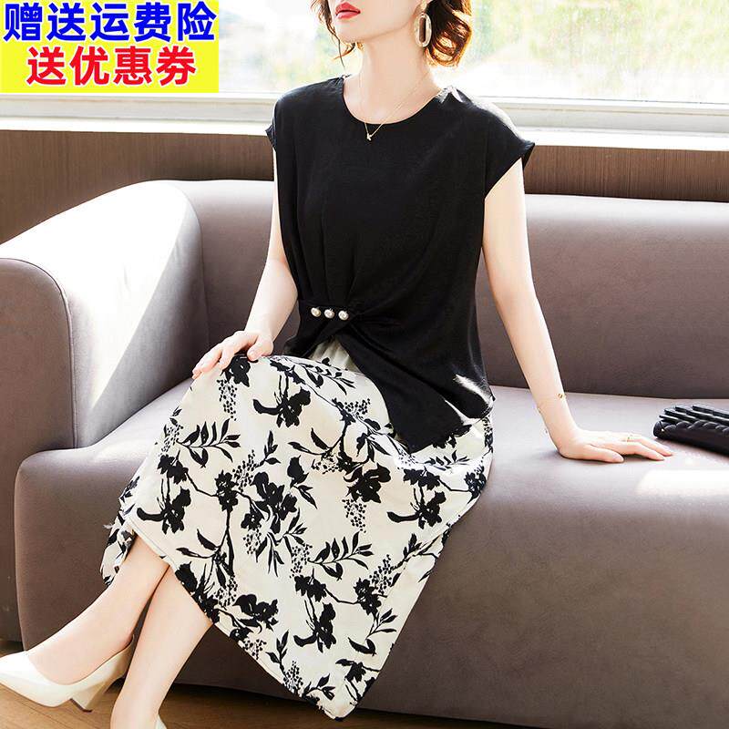 中年妈妈夏装短袖T恤小衫套装中老年女装雪纺碎花半身裙子两件套