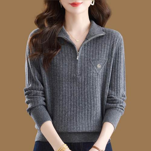 鄂尔多斯市100%纯羊绒衫女妈妈装半拉链翻领气质针织加厚打底毛衣