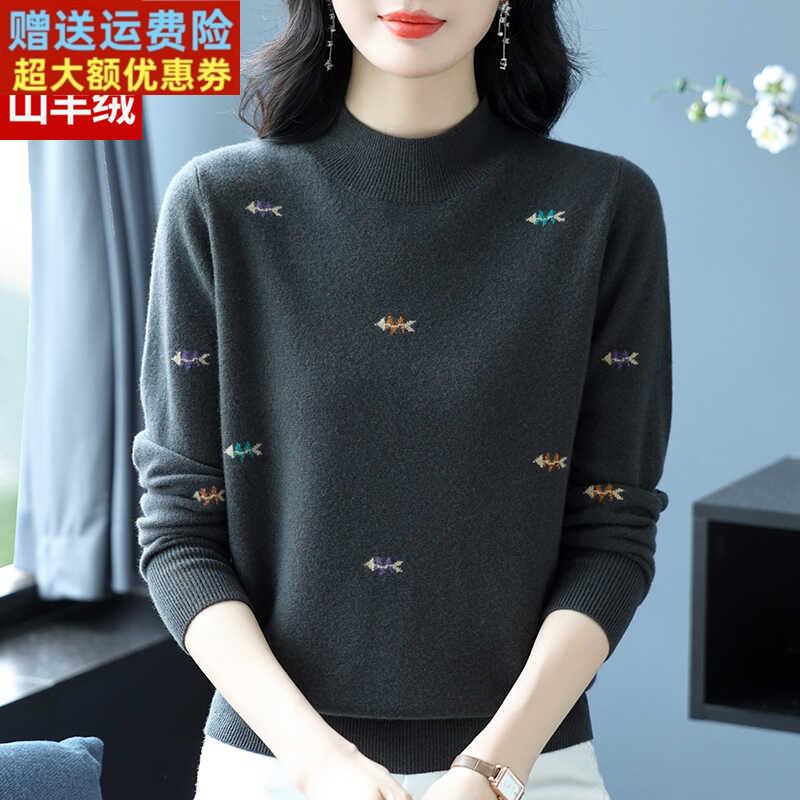 半高领毛衣100%纯羊绒衫女秋冬新款时尚刺绣妈妈装宽松打底羊毛衫