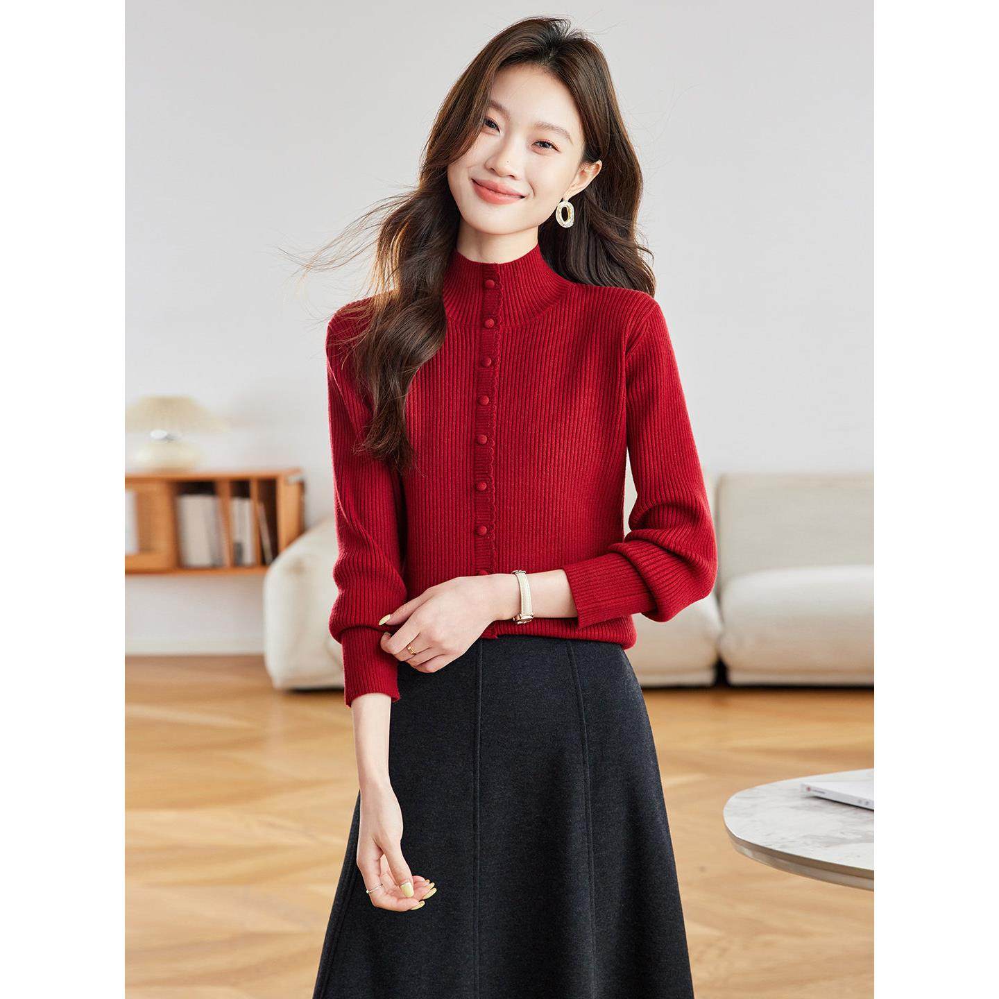 2025秋冬新款毛衣女半高领本命年红色针织内搭打底衫短款宽松上衣