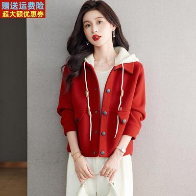 小个子洋气小香风外套女短款早秋冬装巨好看的羊毛衫上衣连帽夹克