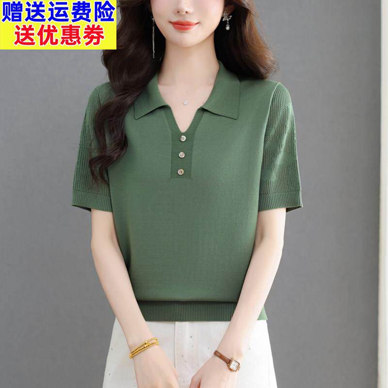 中年妈妈翻领蚕丝短袖T恤针织衫女夏装薄款显瘦洋气大码宽松上衣