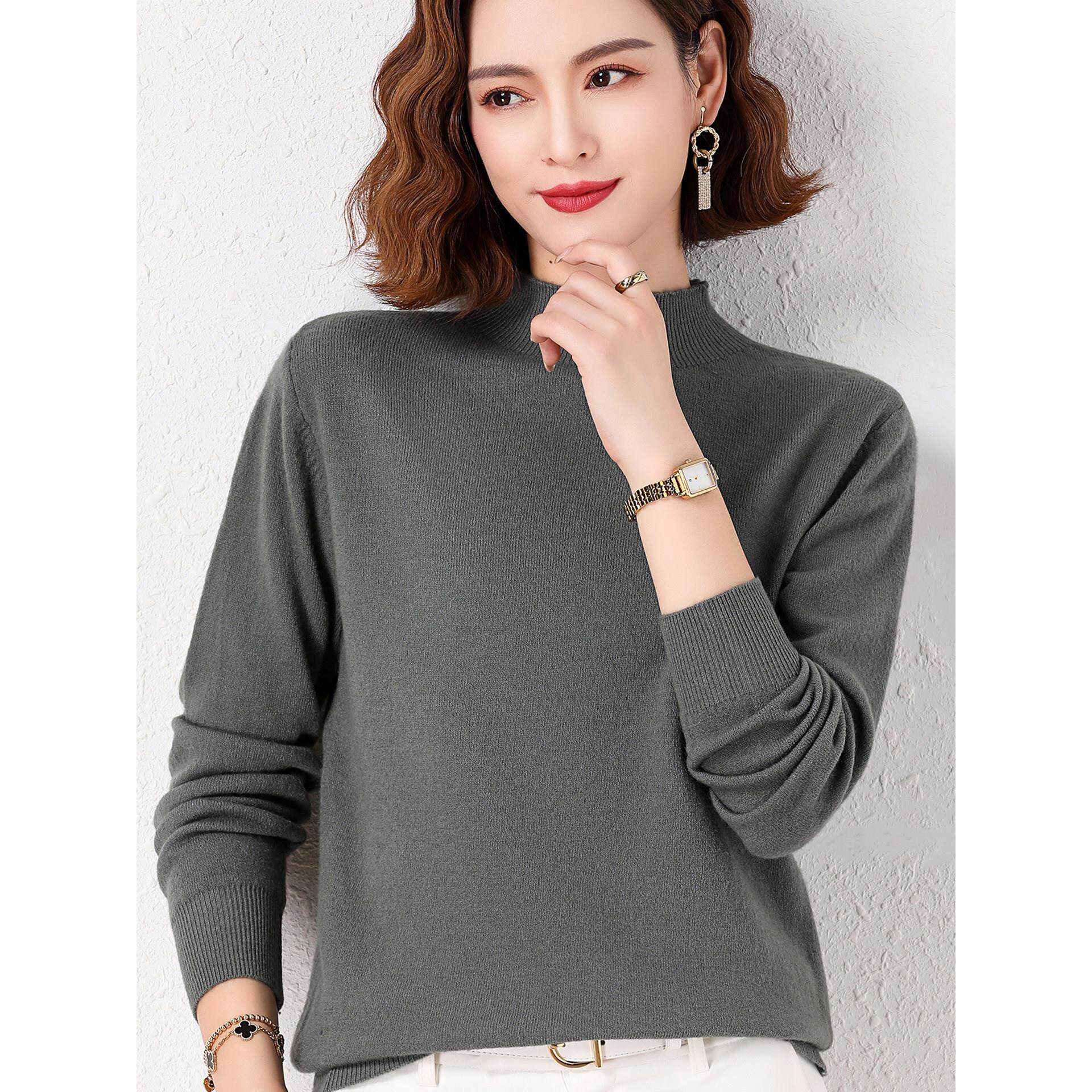 春秋冬新款半高领套头毛衣女士宽松大码百搭针织100%纯羊毛打底衫