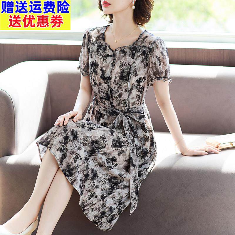 年轻妈妈夏装雪纺洋装2026新款50岁40中老年女装短袖碎花长裙子