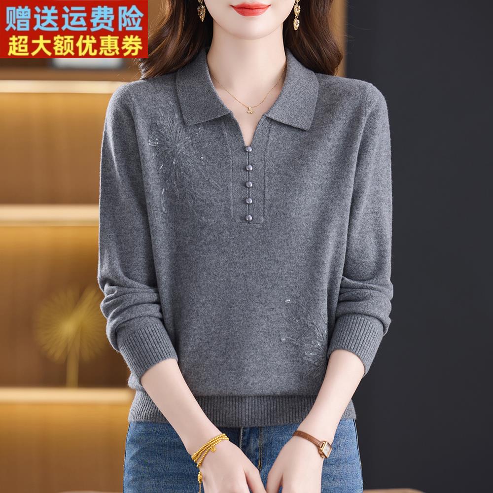 高端洋气妈妈100%纯羊绒衫女翻领毛衣宽松时尚秋冬新款保暖打底衫