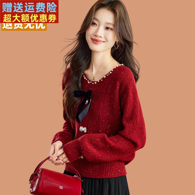 蝴蝶结v领毛衣女秋冬季2025新年圣诞节红色超好看短款羊毛打底衫