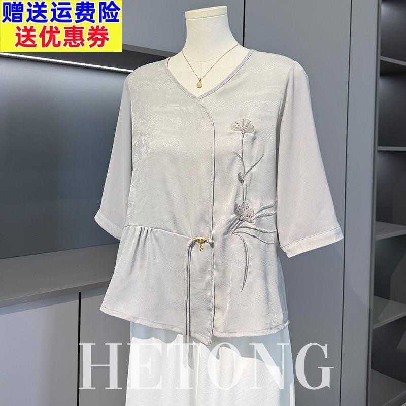 中老年女装夏季雪纺短袖小衫2026新款妈妈夏装国风时尚T恤上衣服