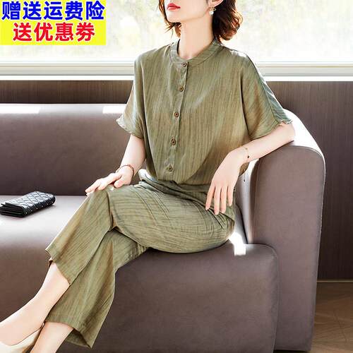 中年妈妈夏装套装2026新款中老年女装夏季短袖雪纺T恤小衫两件套