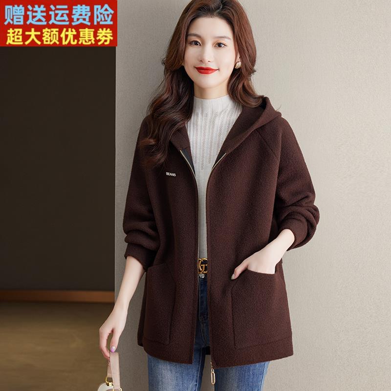 新款双面绒女外套洋气百搭休闲连帽中长款开衫加肥大码胖妈妈大衣
