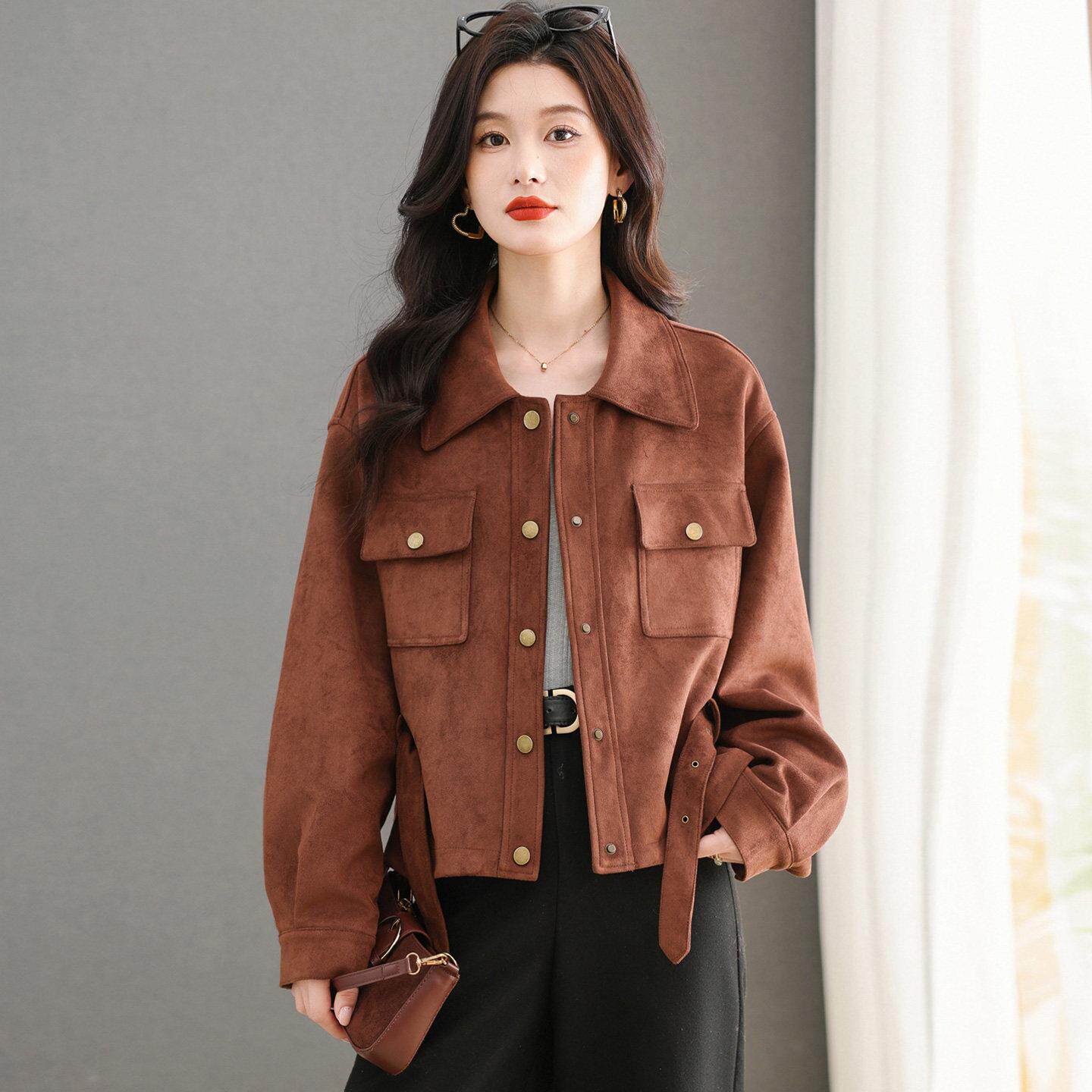 复古通勤麂皮绒短外套女秋冬2025新款高级感宽松工装翻领夹克上衣