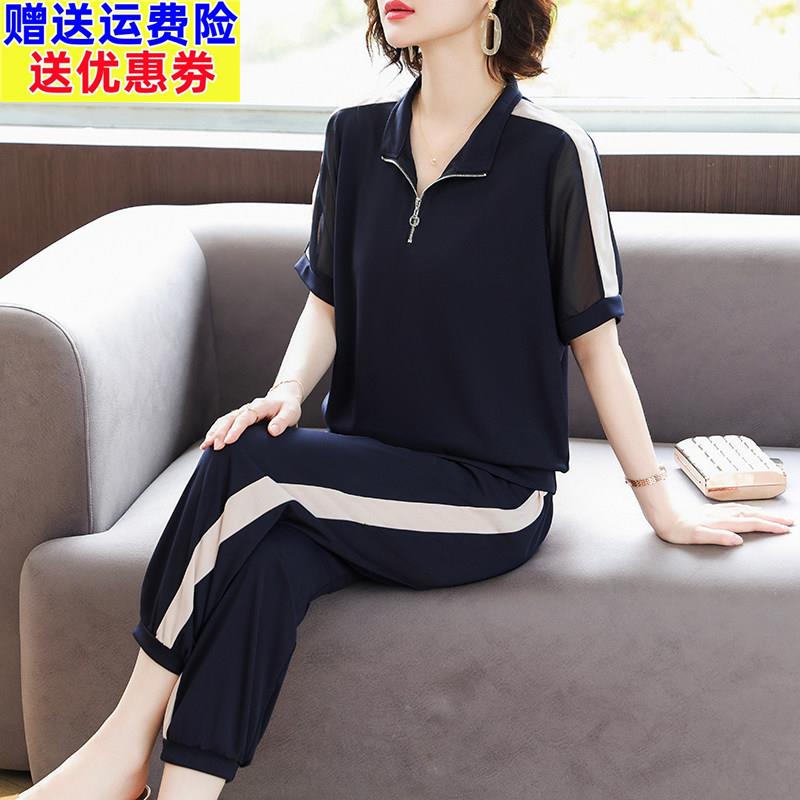 现货妈妈夏装短袖运动套装2025新款中老年女装夏季T恤休闲 两件式